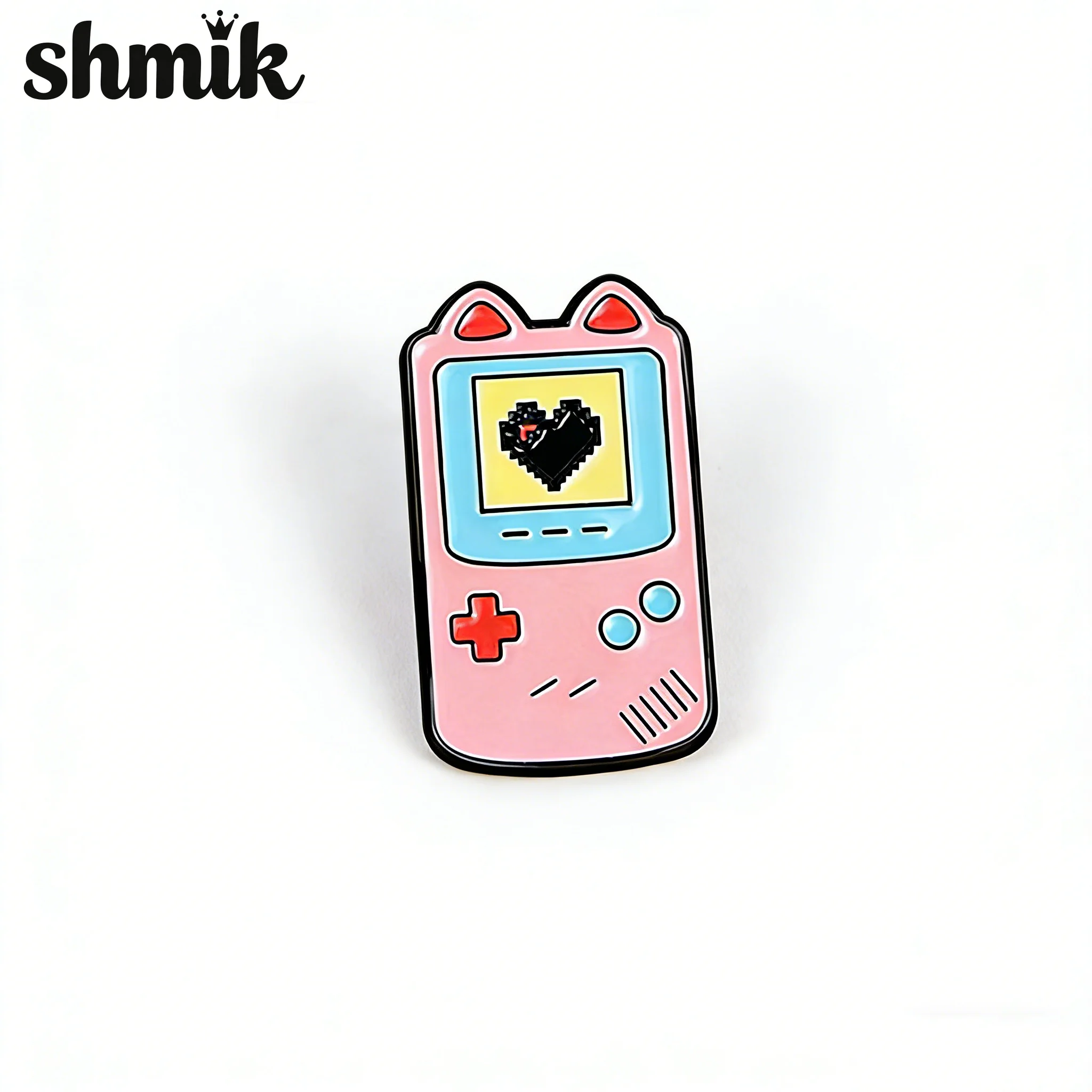 Cute Cat Pixel Heart Retro Gaming Enamel Pin - Vintage Alloy Brooch with Cat Ears & Controller Design