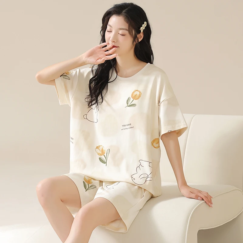 Newest Women Pajamas Set With Chest Pad Summer 100% Cotton Pyjamas Short Sleeve Cute Cartoon Sleepwear