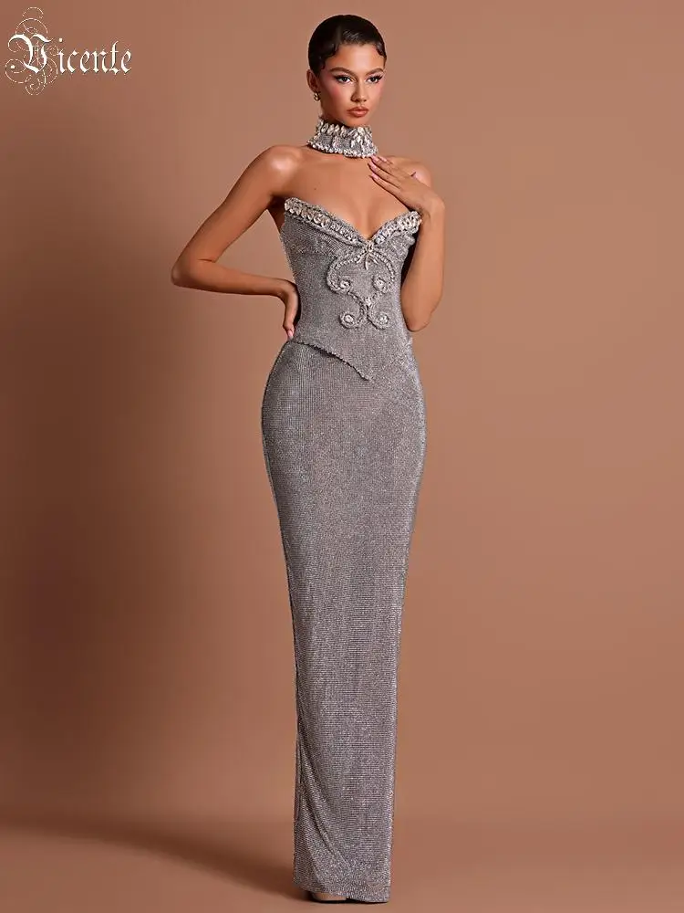 VC Luxury Silver Rhinestone Maxi Dress For Women Strapless Corset Crystal Evening Gown Elegant Celebrity 2026 New Party Dress