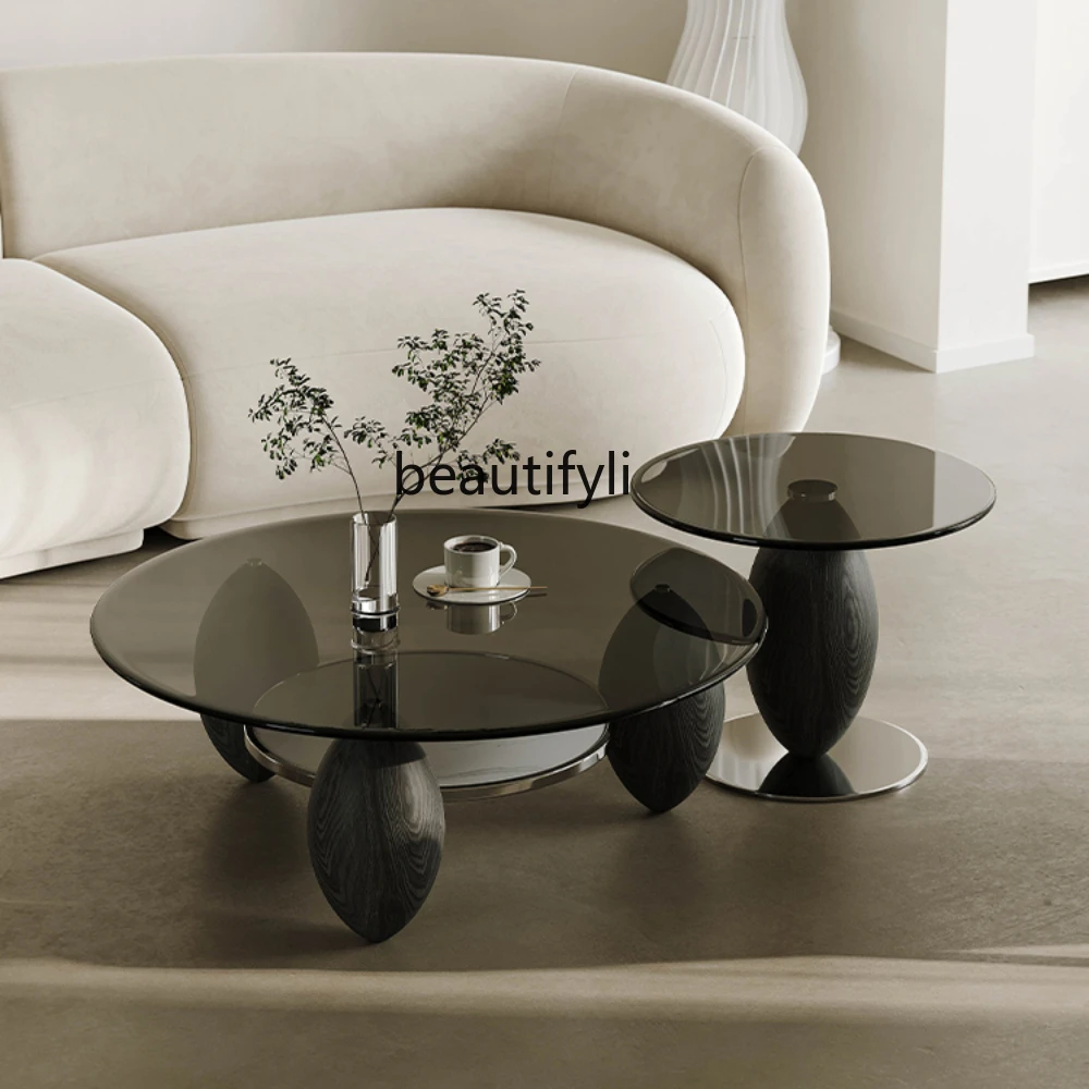 

Silent Style Glass Tea Table Combination Minimalist Italian Black Art Ash Wood round Tea Table