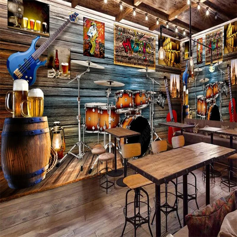 

American Country Nostalgic Restaurant Industrial Decor Custom Mural Wallpaper Beer Bar Club Drum Guitar Rock KTV Wall Paper 3D