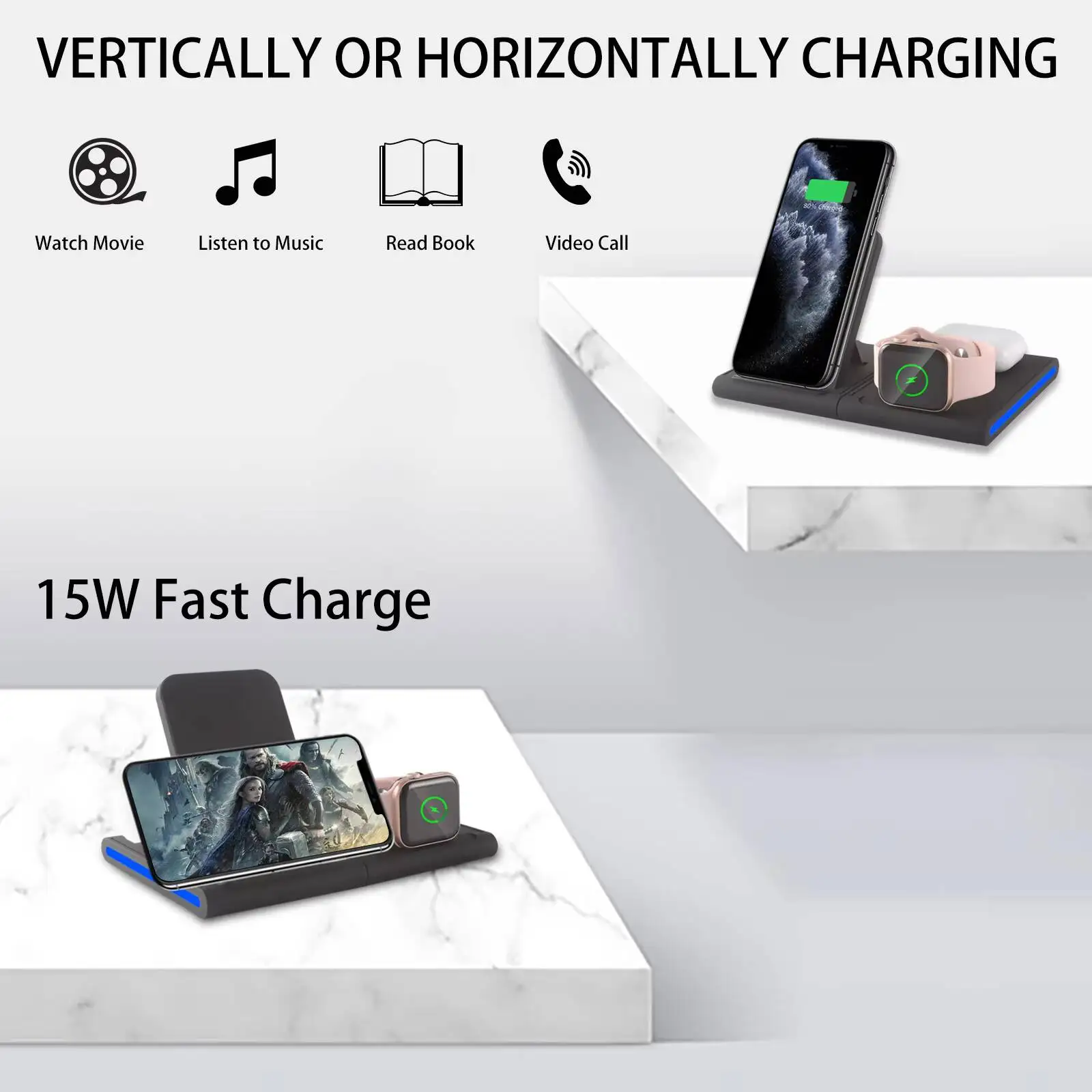 Dual Pad 4 In 1 USB Multi-Device Charging Stand Fast Charging Wireless Simultaneous Charge For Phones Earphone Smartwatch