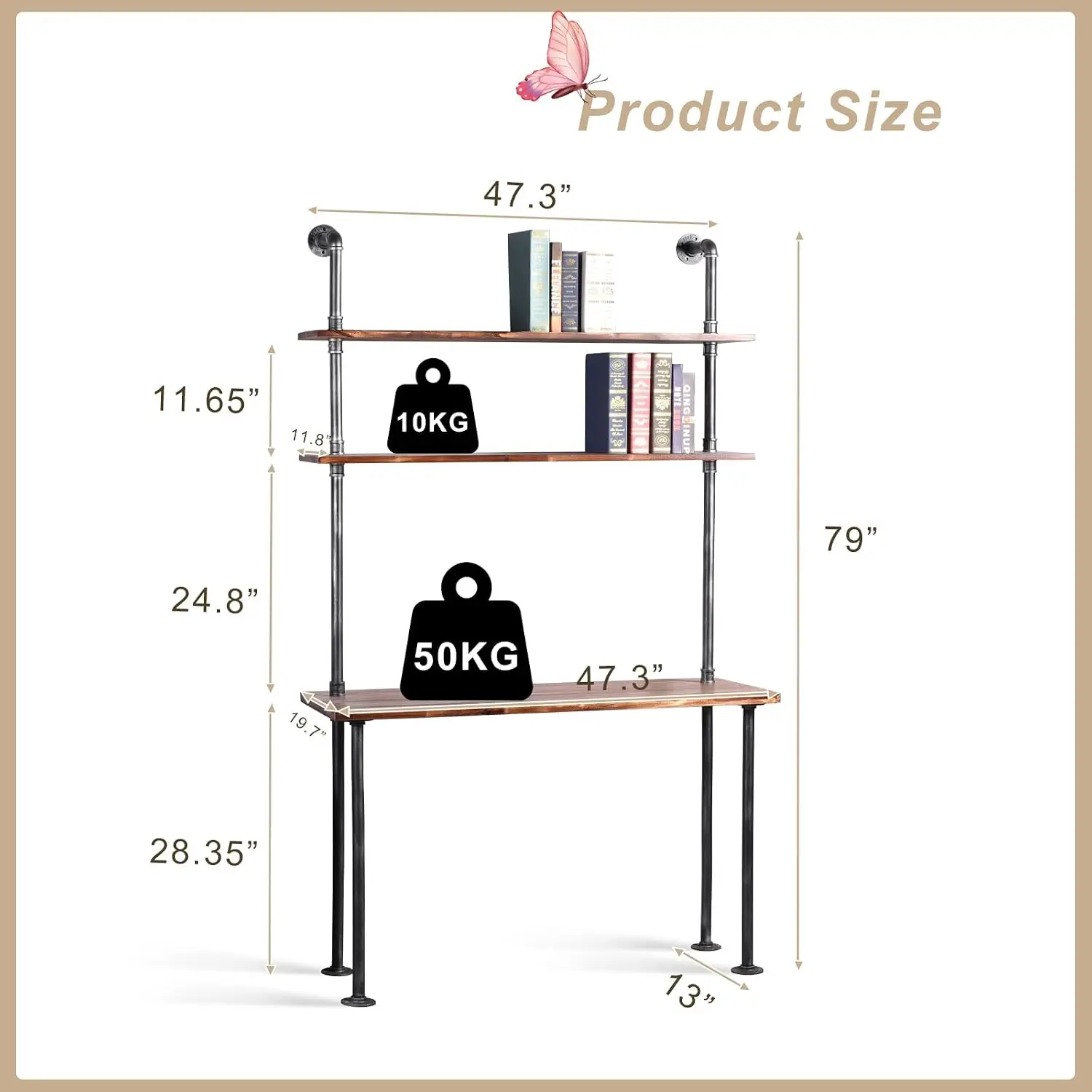 79-inch Industrial Solid Wood Pipe Desk with Shelves for Home Office (L:47.3