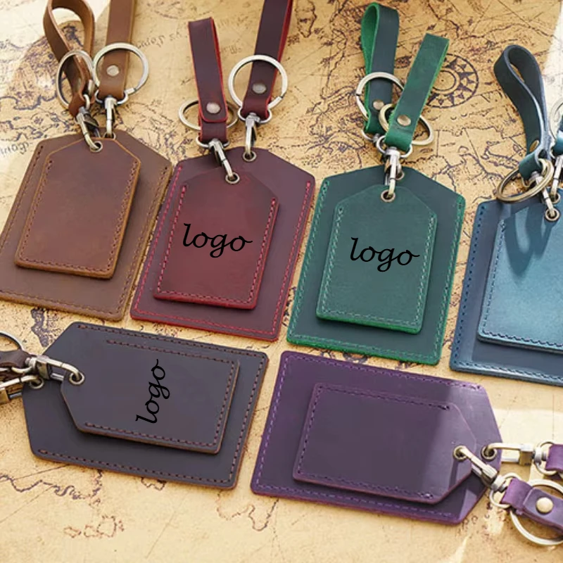 

Laser Engrave Custom Logo Leather Crazy Horse Real Card Cove Key Chain Personalize Name Numbers Keyring Lovers‘ Day Gift for Tag