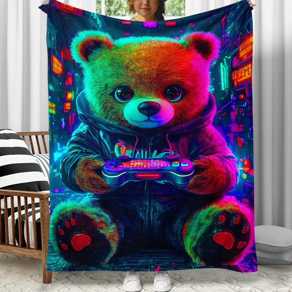 Cyberpunk Bear Gamer Neon City Flannel Blanket Gaming Lover Soft Cozy Throw Cover LED Light Effect Digital Art Decor Blanket