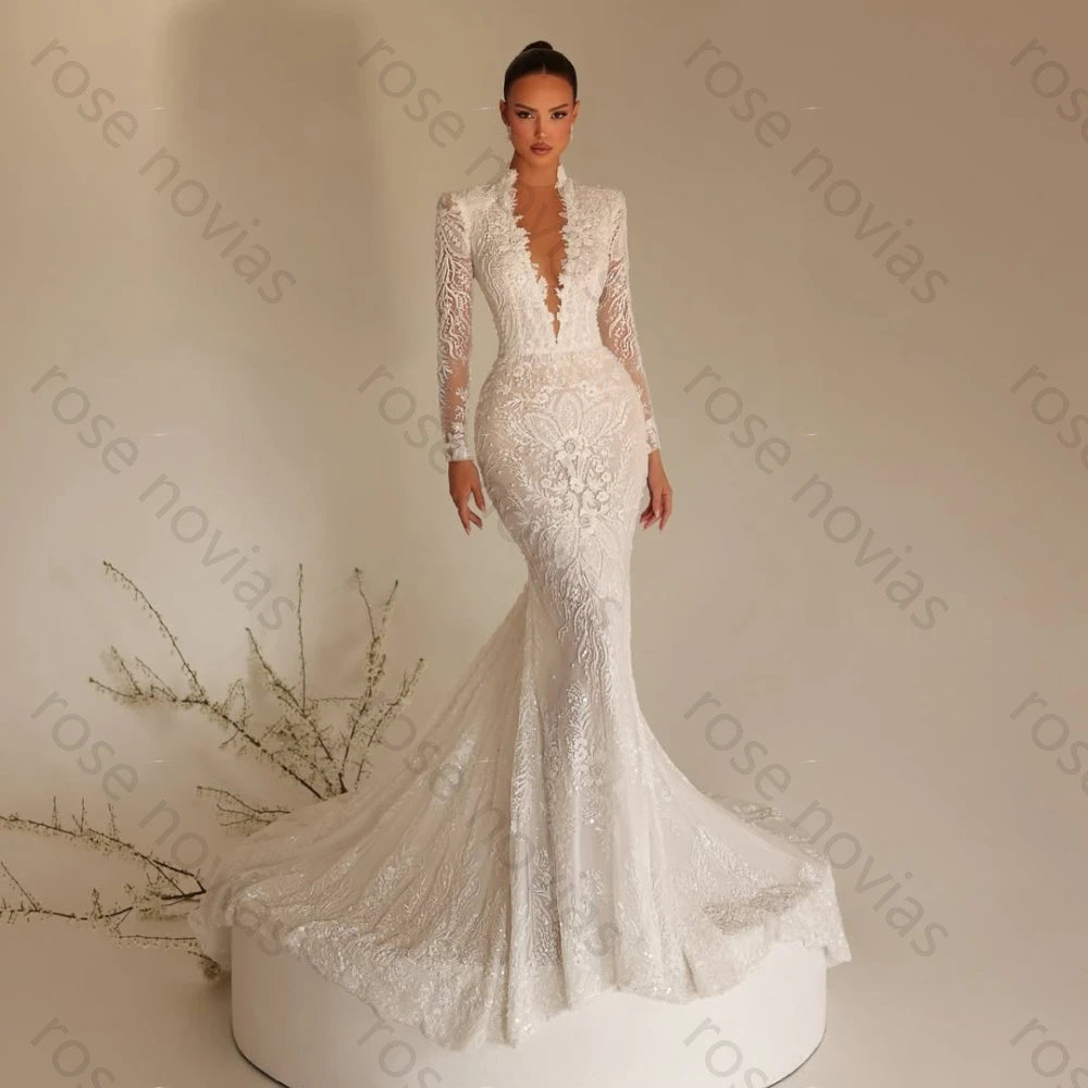 Customized 2026 New Elegant White High Neck Deep V Lace Long Sleeve Mermaid Wedding Evening Dress