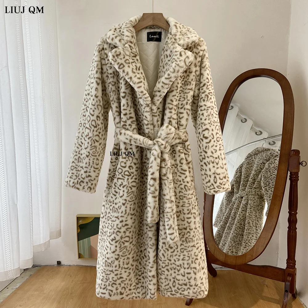 Plus Size Clothing Autumn Winter Faux Fur Coat Women Parka Lapel Leopard Print Long Fur Jacket Female Warm Thick Plush Overcoat