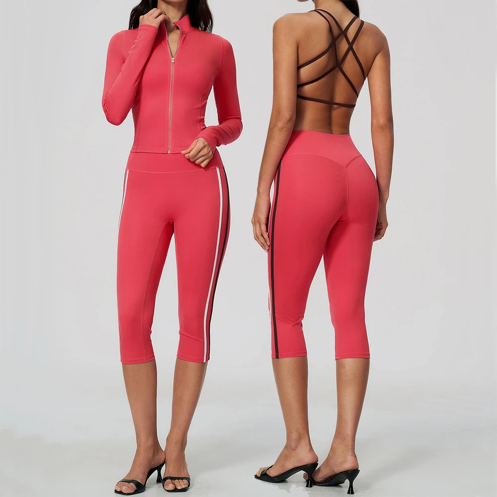 Women Yoga Set Fitness Set 2 Piece Gym Suit Workout Tracksuit Running Stripes High Waist Capri Pants Criss Cross Sports Bra Top