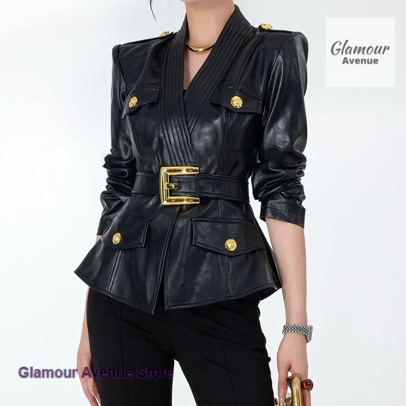 

Korean fashion solid color leather coat female autumn and winter temperament slim waist temperament design sense black coat.