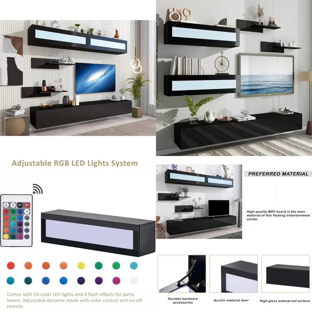 حامل تلفزيون عائم معاصر مثبت على الحائط مع أربعة خزائن تخزين وسائط ورفين، مثالي لأجهزة تلفزيون كبيرة مقاس 95+ بوصة #1