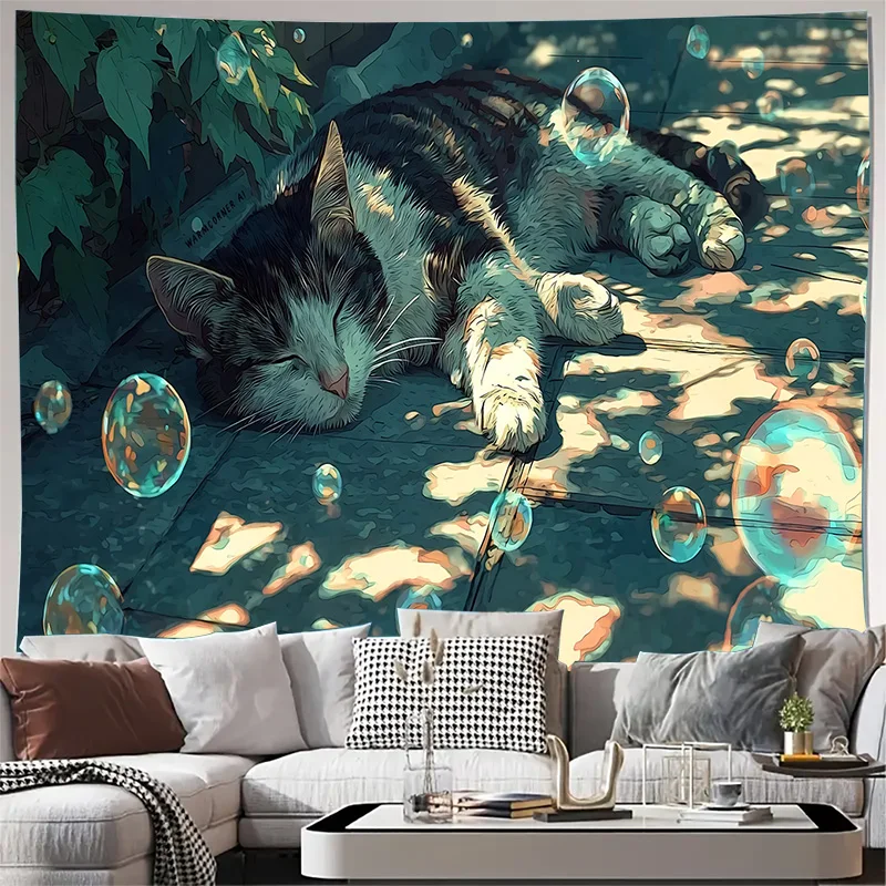 Sleeping Cat with Floating Bubbles in Sunlight on Tile Floor Tapestry Machine Washable All Season Decor Home Living Room Bedroom