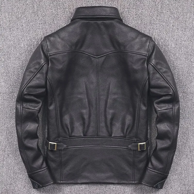 Men's Aviator Cow Leather Jacket With Flip Collar Slim Fit Casual Genuine Coat Male Motorcycle