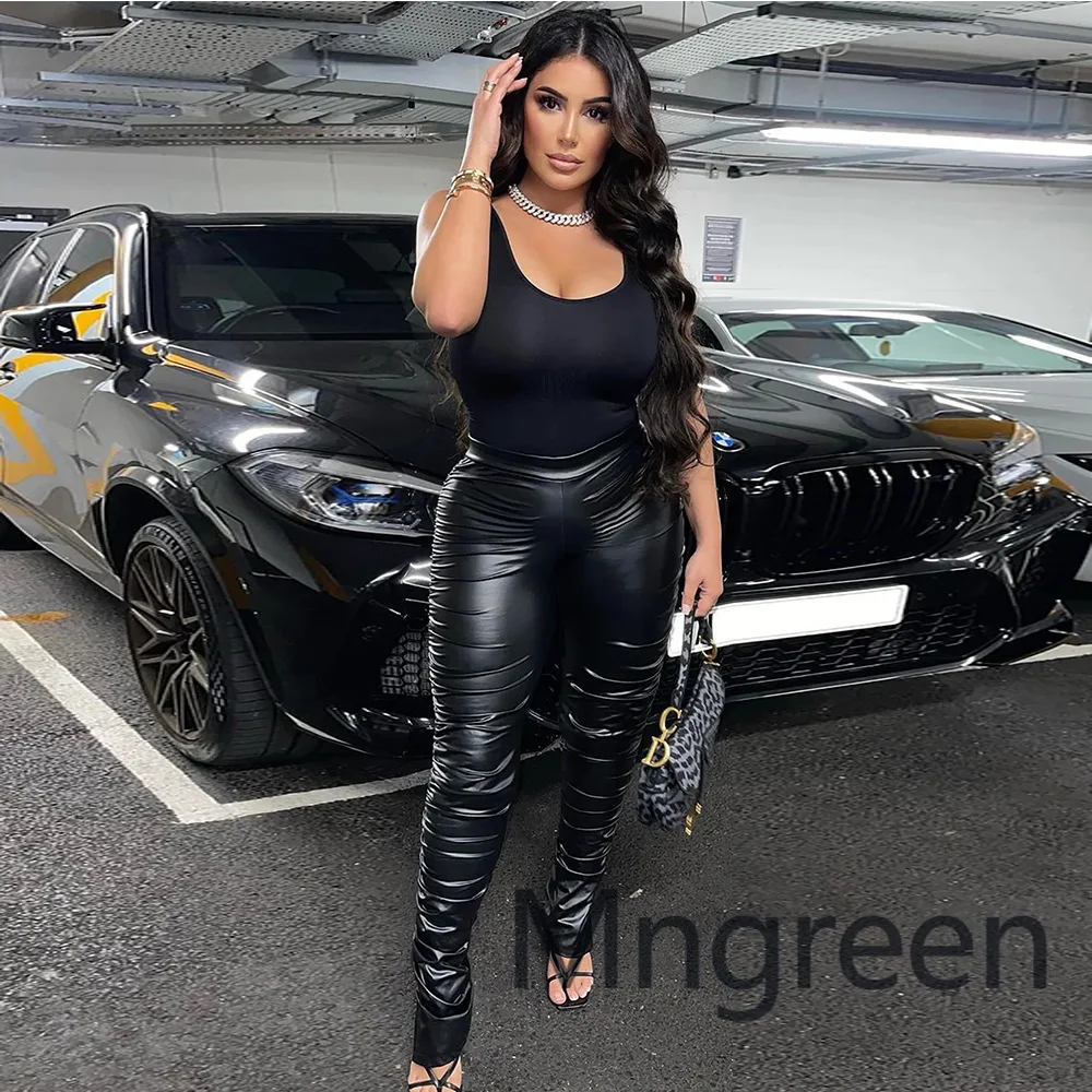 

2025 new European and American ins style PU leather pants women, stacking pants high waist trousers leather pants women sexy tig