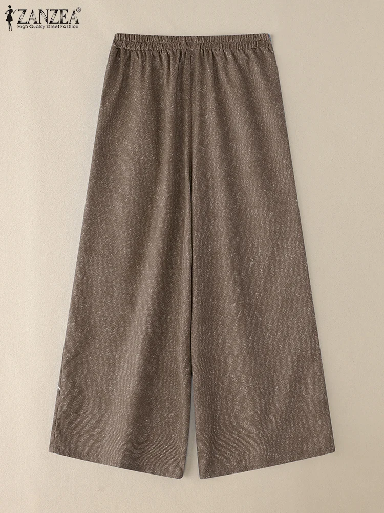 ZANZEA Women Long Wide Leg Pants High Waist Pockets Cartoon Print Vintage Trousers 2025 Autumn Casual Elastic Waist Pantalons
