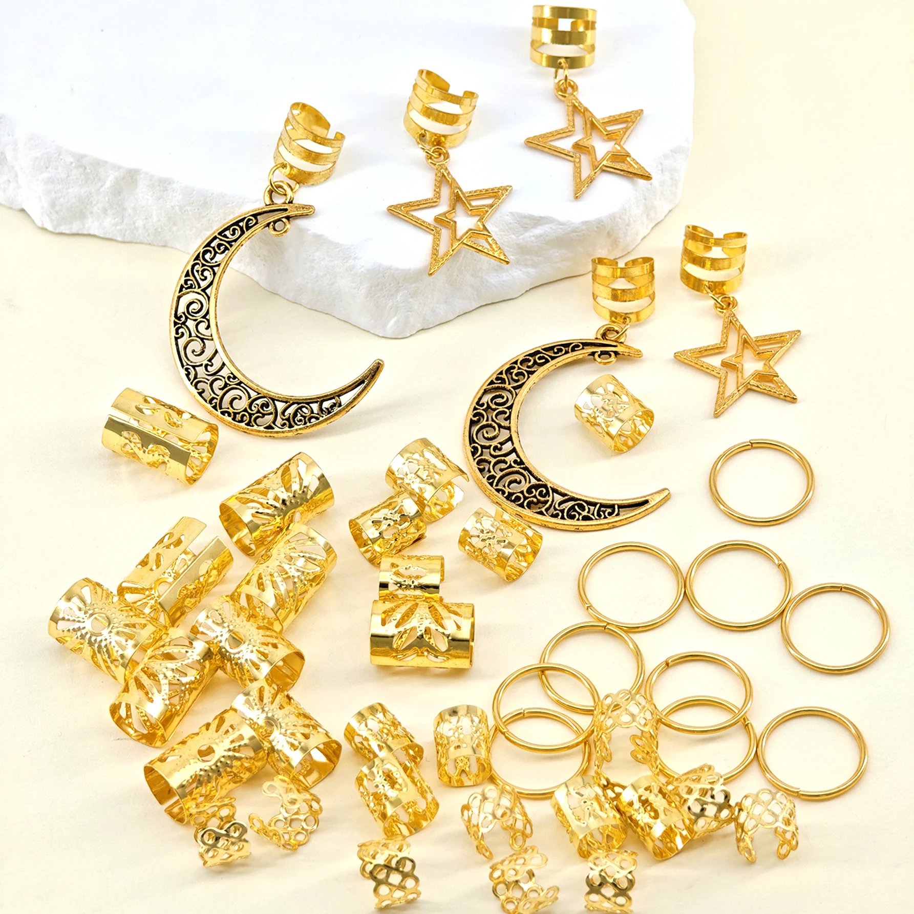45pcs Stars Moon Combination Fashion metal cutout Dreadlock Hair Rings DreadLocks suitable for women girls holiday dress up