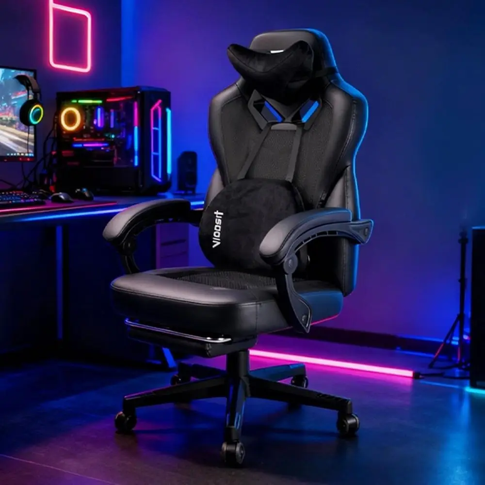 Ergonomic Reclining Office Chair with Footrest and Lumbar Support for Heavy Adults, Cushioned Mesh Gaming Chair (Black) view 2
