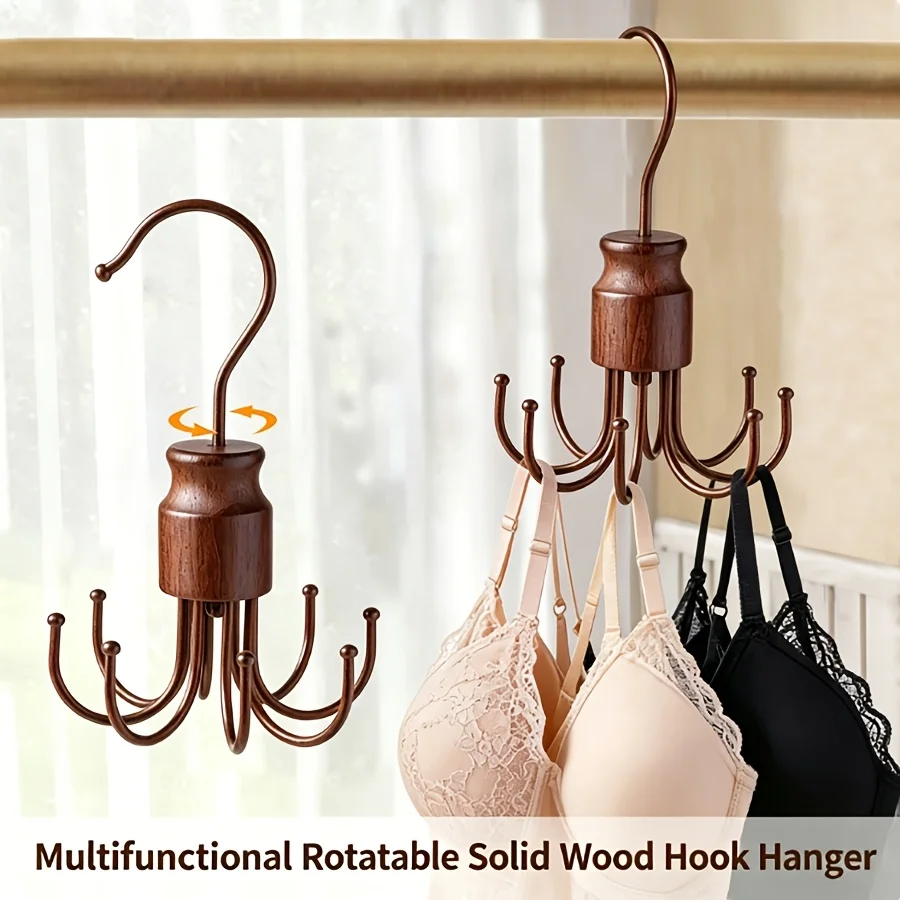 360° Rotatable 8-Hook Beech Wood Hanger, Space-Saving Wardrobe Organizer for Scarves, Ties, Bags, Belts and Underwear