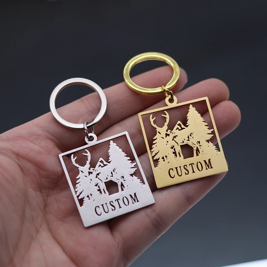 QIAMNI Laser Engraved Nameplate Keyring Custom Name Keychain Stainless Steel Forest House Antler Key Chains Decorative DIY Gifts