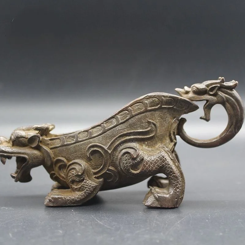 Chinese Archaic Bronze Dragon-Beast Wine Jue Cup Warring States Style Ritual Vessel Deep Relief Carving Aged Patina Home Decor