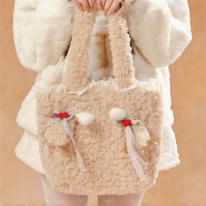 

JIAERDI Sweet Cute Lace Bow Tote Bag Women Faux Lambswool Large Capacity Shoulder Bag Ladies Cartoon Soft Crossbody Bag 2025 New