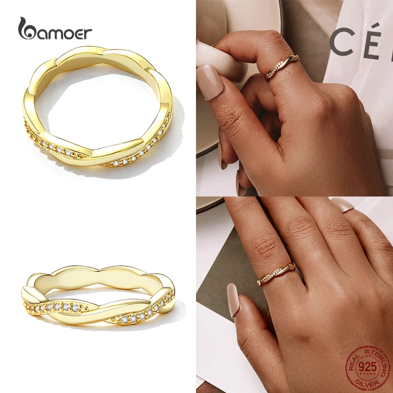 Bamoer 925 Sterling Silver Simple Twisted Rings for Women S925 Luxury Rose Gold Plated Classic Ring Fine Wedding Jewelry Gifts