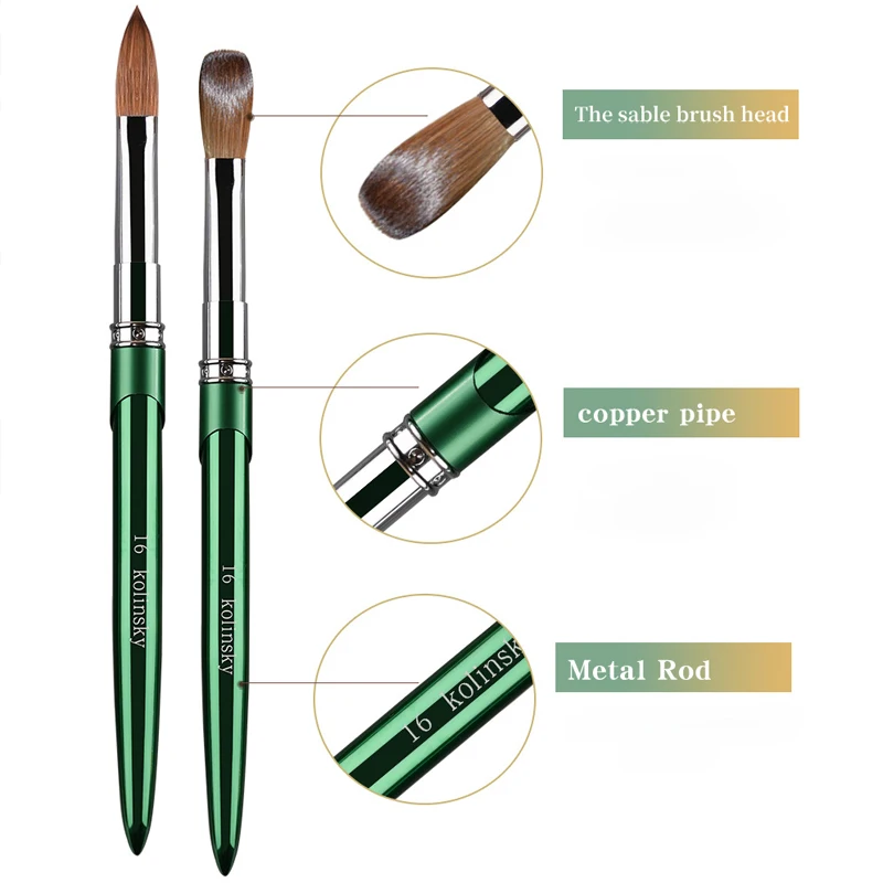 فرشاة أظافر أكريليك كولينسكي عالية الجودة لصالون الأظافر 100% أخضر نقي بيضاوي مجعد على شكل مقبض معدني فرشاة أظافر أكريليك #2