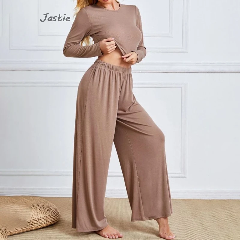 

Solid Color Long Sleeve Top High Waist Pant Sets For Women 2 Pieces Casual Woman Clothing Spring New Loose Wide Leg Pants Sets