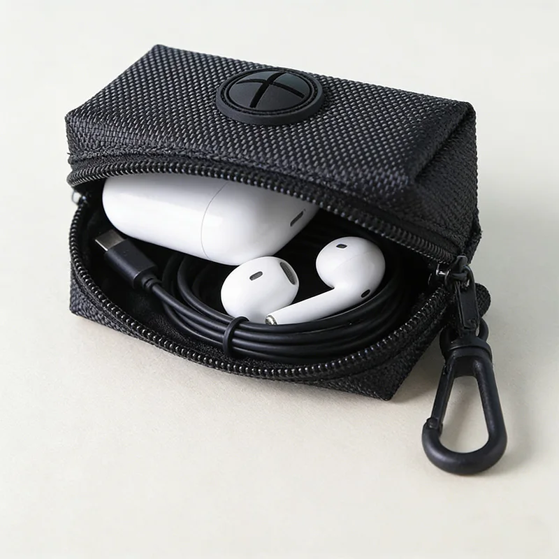 Portable Mini Earphone Case Zipper Pouch for AirPod Data Cable Organizer Box Key Coin Holder with Clip Outdoor Small Storage Bag