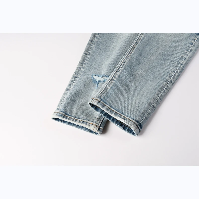 بنطال جينز رجالي High Street Distressed Light Indigo Stretch نحيف بأزرار ممزقة #6