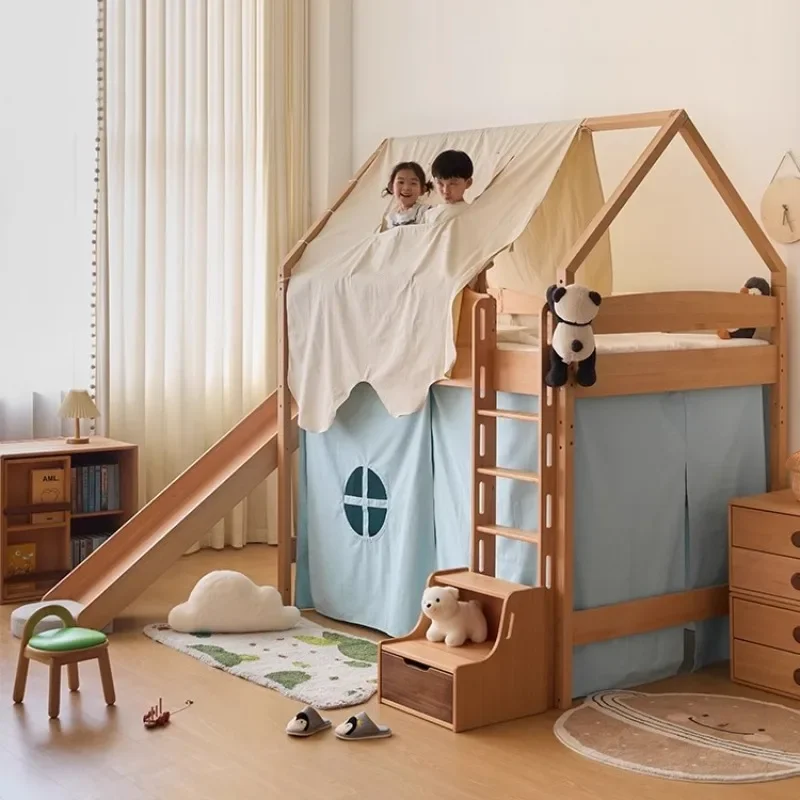 Beech children's solid wood half-height bed up and down tree house, bed with slide flying house slide bed