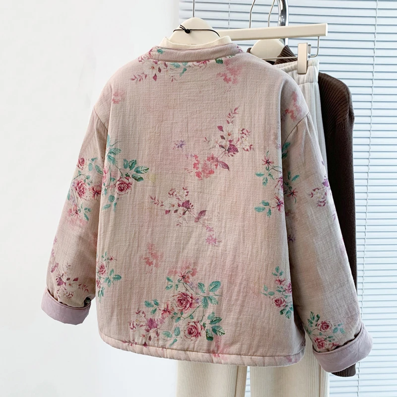 

Хлопковая теплая верхняя одежда с художественным принтом в стиле ретро, женская свободная хлопковая одежда, зимнее длинное пальто для мамы