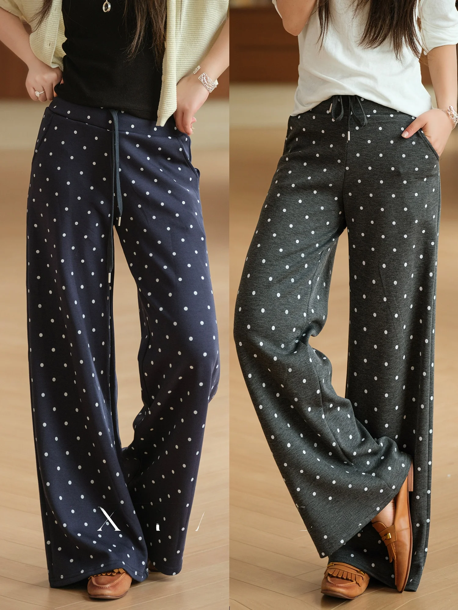 Skin-Friendly Cotton Air Layer Polka Dot Women's Straight Leg Pants Elastic Waist Belted Casual Trousers Breathable Comfortable