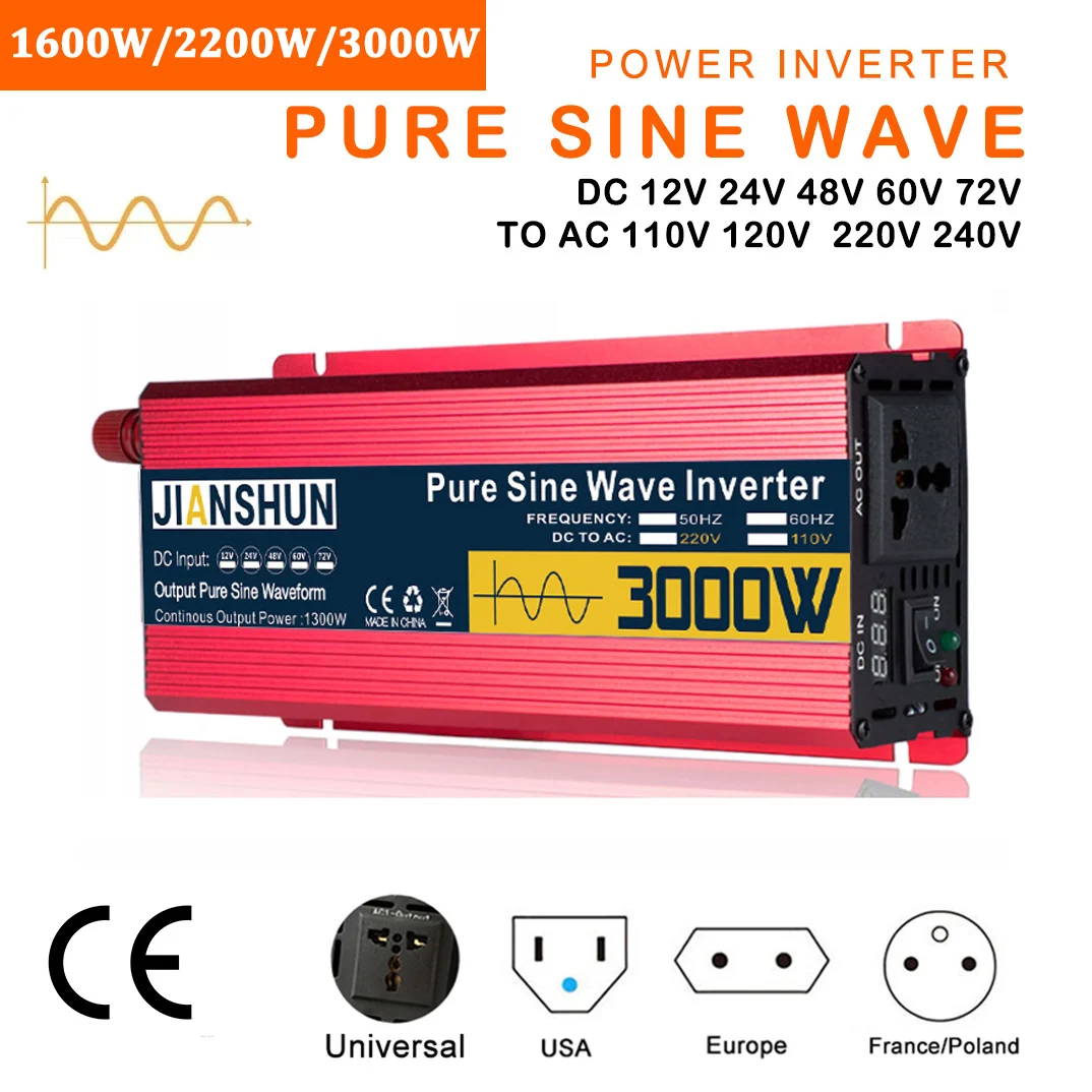 Pure Sine Wave Inverter 1600W 2200W 3000W Transformer Power Inverter 12V 24V 48V 60V to AC 110V 220V 50hz 60hz Car Converter