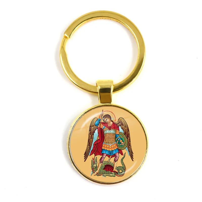 1pcs 25mm Glass Cabochon Keychains Archangel St.Michael Protect Me Saint Shield Protection Charm Russian Orhodox Pendant Jewelry