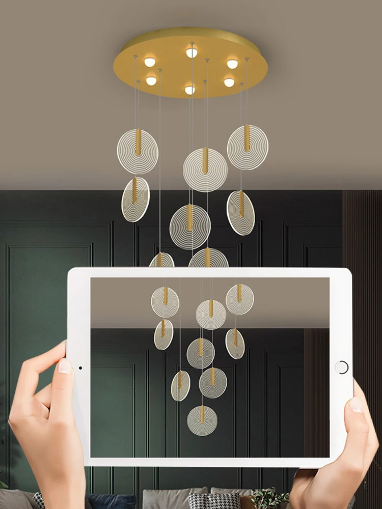 Scala rotante lampadario a LED oro minimalista circolare Loft illuminazione Designer creativo Villa soggiorno grande lampadario