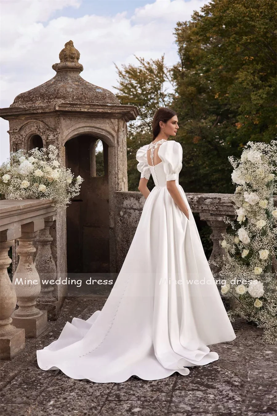 

Customized O-Neck Short Sleeve Wedding Dress A-Line Back See Through Buttons Wedding Gowns vestidos de boda para fiestas