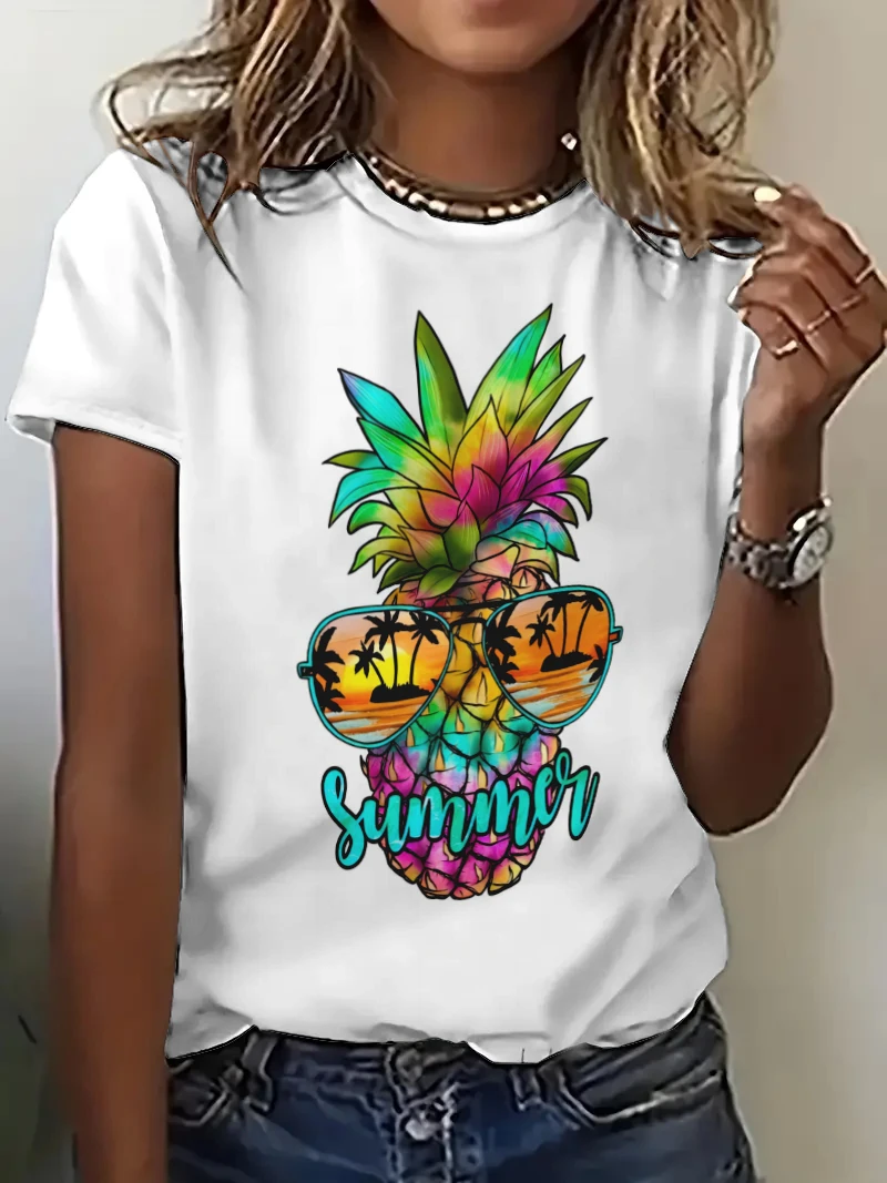 Hip Hop Funny Pineapple Cartoon Pattern Tops Women's T-shirt 2024 New Summer T Shirt Girls Ladies Casual Streetwear Clothing Top