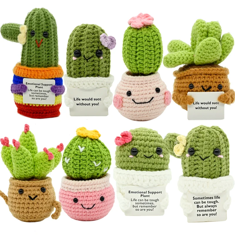 PlantSeries Cactus de Ganchillo de Energía Positiva, Planta Tejida a Mano en Maceta con Tarjeta de Ánimo, Mini Decoración de Escritorio, Regalo