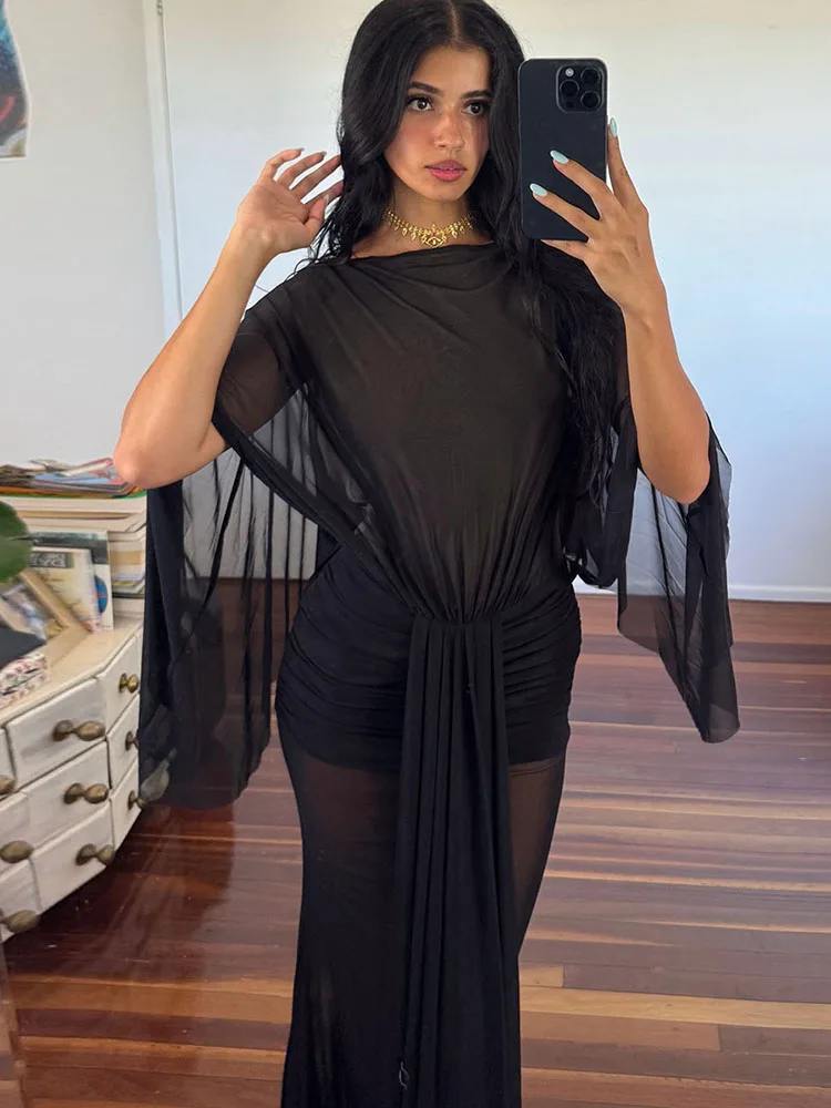 Estranho gato sem costas borboleta vestido feminino dupla camada retalhos ruched manga cheia estiramento magro clubwear festa maxi bodycon