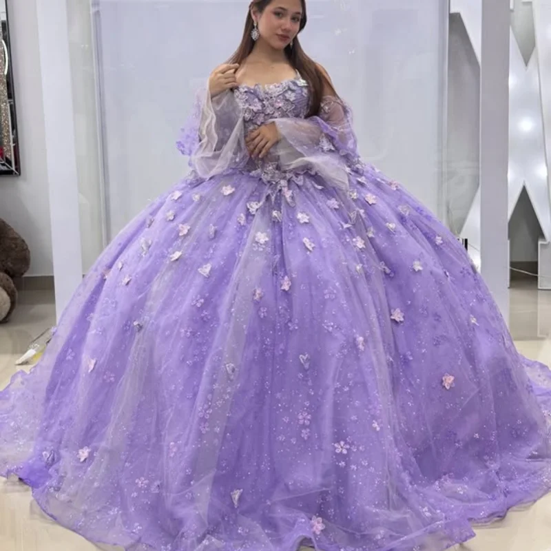 

Customized Shiny Purple Quinceanera Dresses Off the Shoulder sequin flower applique Long tail Vestido 15 Quinceanera