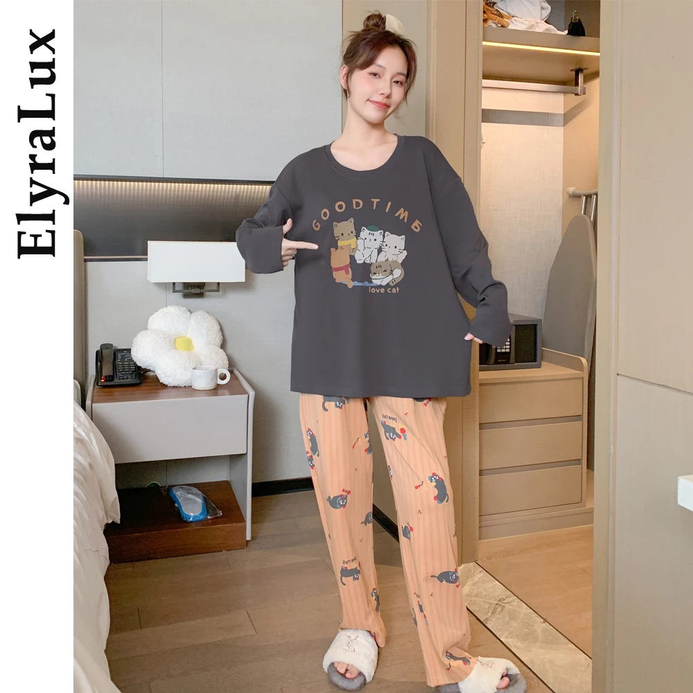 

ElyraLux пижамы женские брюки с длинными рукавами комплект из двух предметов милая и простая студенческая домашняя одежда пуловер с круглым вырезом длинная пижама