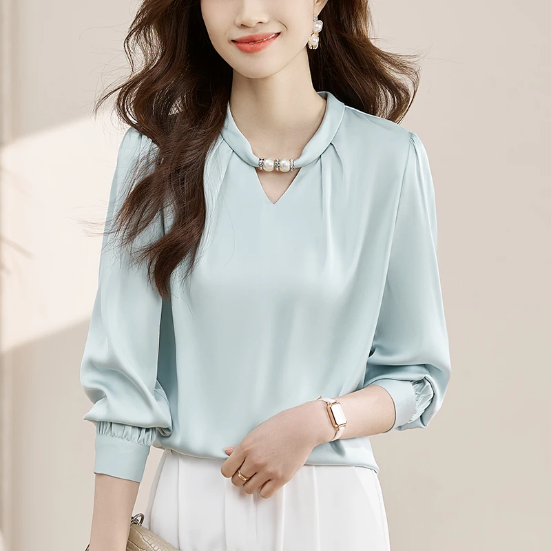 

Autumn Elegant Beading Satin Women's Blouses Long Sleeve Stand Collar Office Casual Loose Shirts Tops Female 2025 New Spring