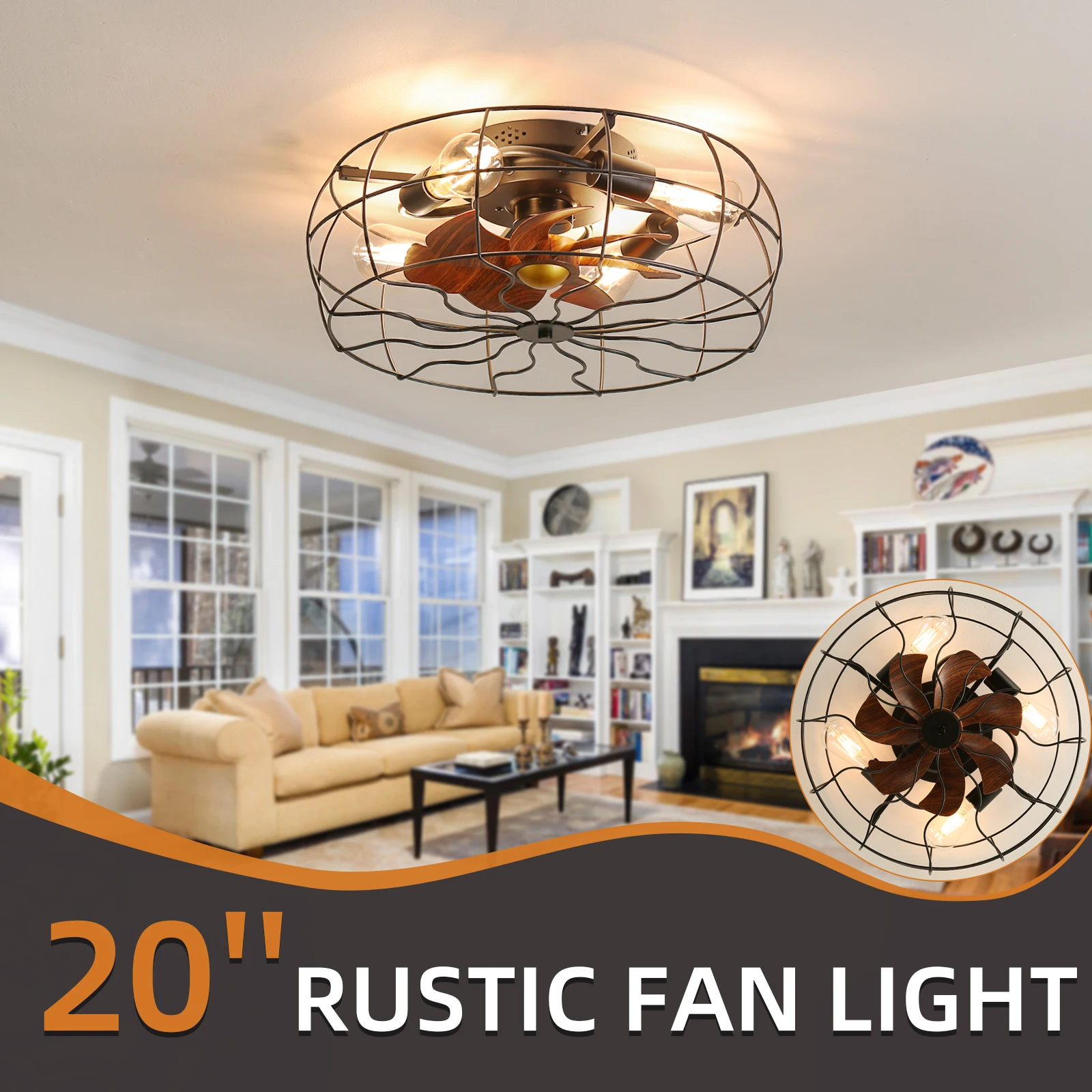 19inch Low Profile Rustic Ceiling Fan Light (Note:No warranty on bulbs)