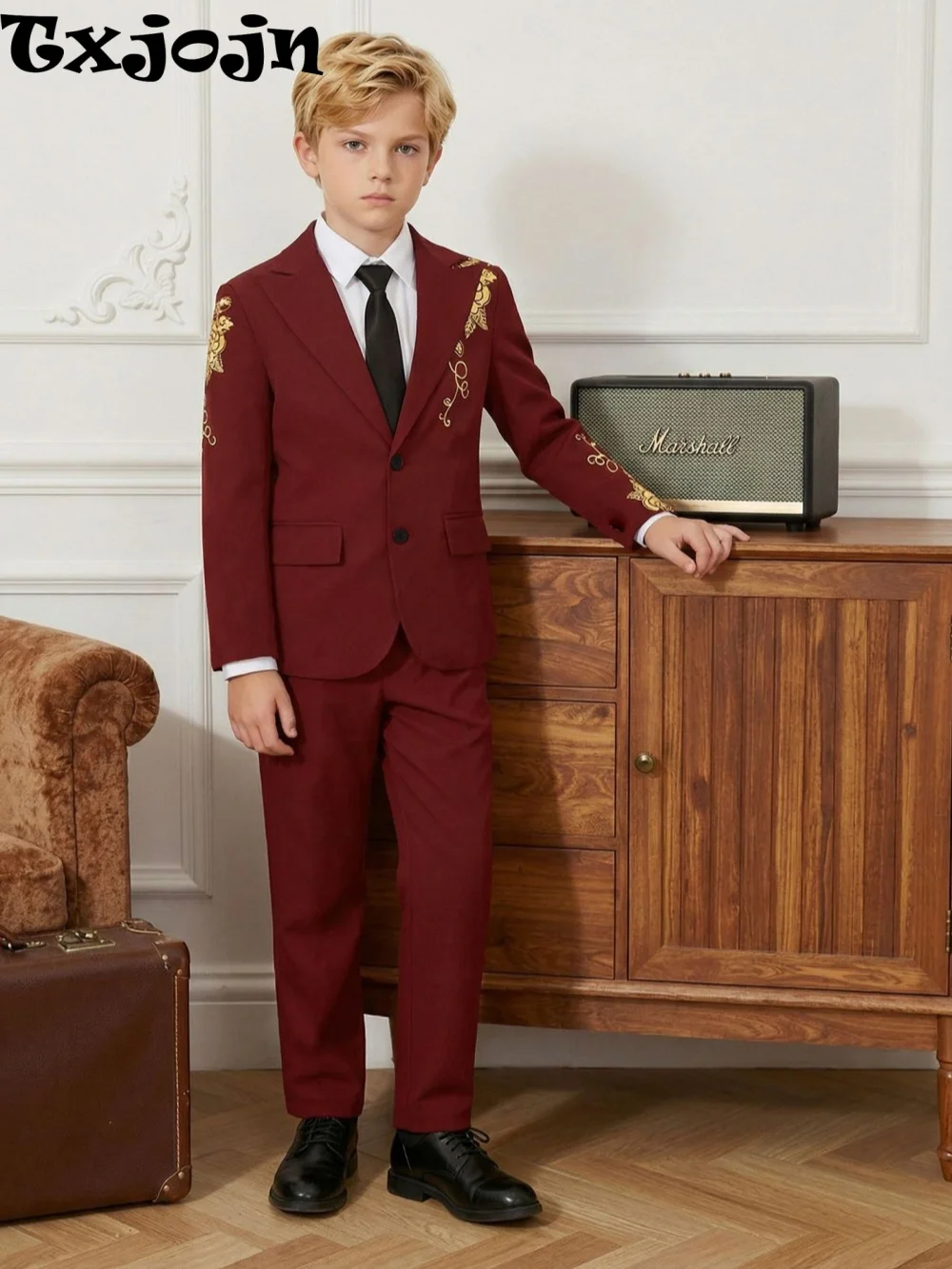 

Burgundy Boys Jacquard Suit 3 Pieces For School Performance Kids Handsome Suit Set Jacket Pants Tie For Piano Contest On Sale