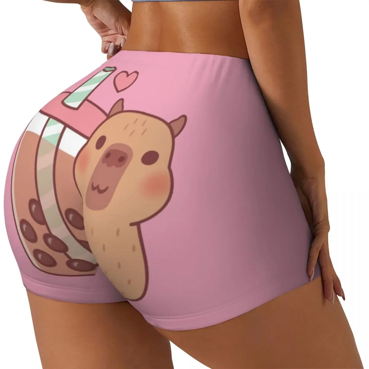 Custom Cute Little Capybara Hugs Bubble Tea Volleyball Biker Gym Shorts Women Athletic Workout Yoga Shorts