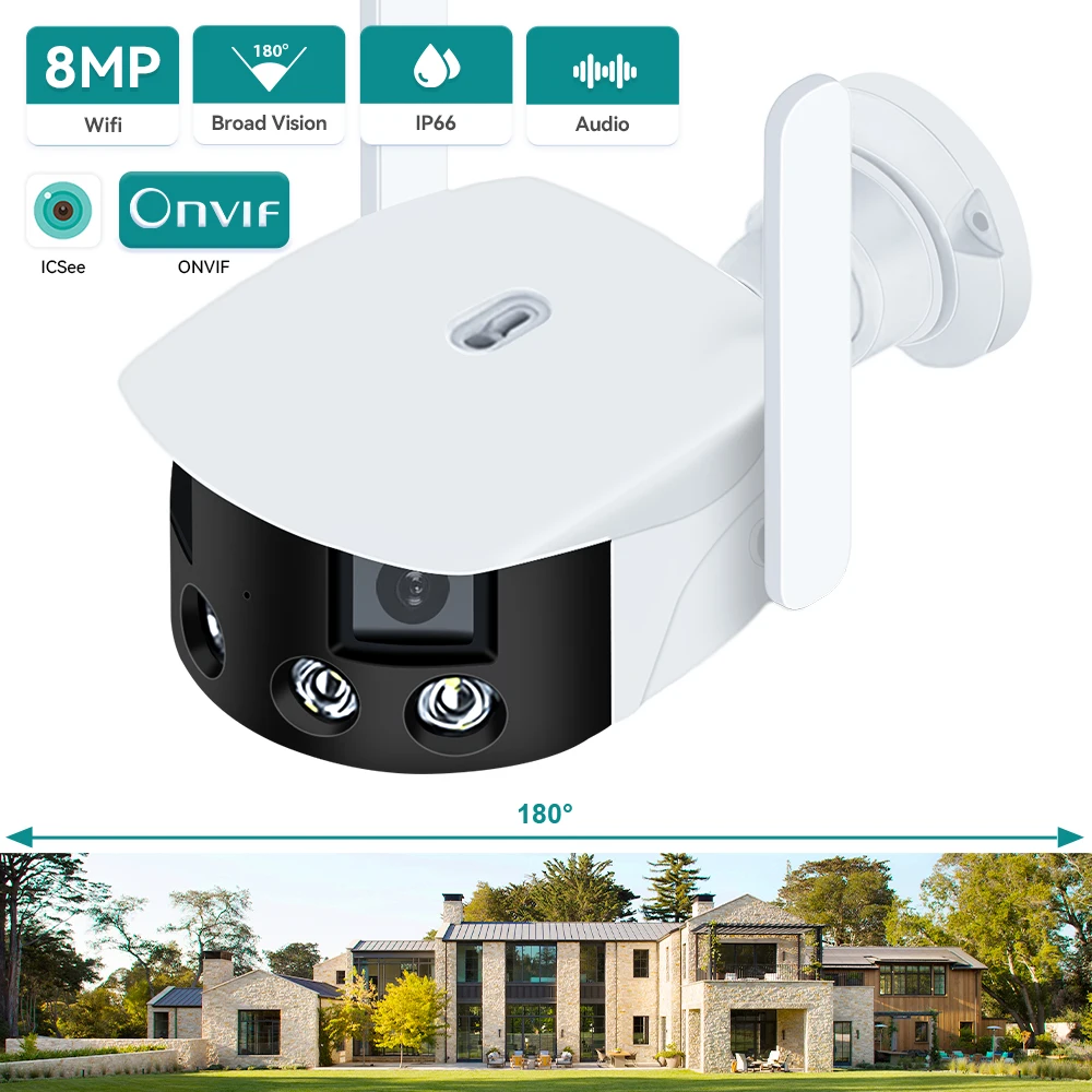 

4K 8MP Security Panoramic WiFi Camera Dual Lens 180° Wide Viewing Angle AI Human Detection Waterproof Outdoor Surveillance