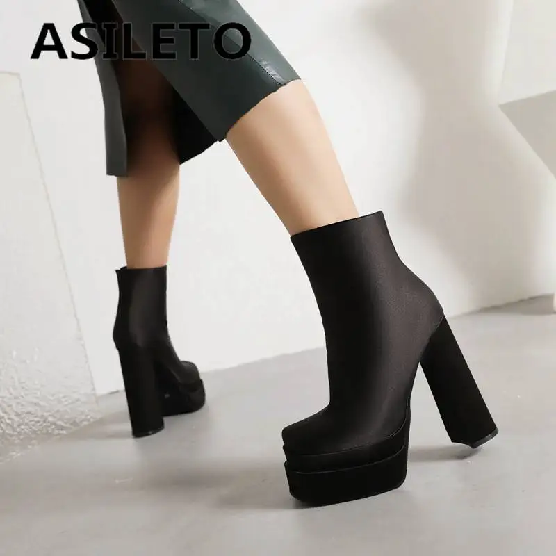 

Женские короткие ботинки ASILETO, 12 см, квадратный носок, крупные каблуки, 14 см, двойная платформа, 5 см, пятнистые ботинки на молнии, большие размеры 43