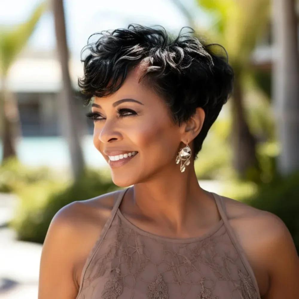 

Dark Salt & Pepper Color Custom Edgy Pixie Cuts Wig With Natural Wave Bangs Full Lace Wig Colored Curly Human Hair Wigs On Sale