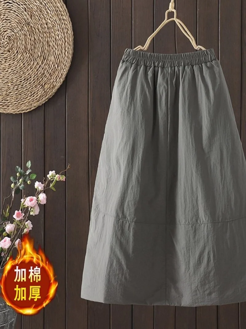 

Стеганая юбка женская, зима 2025, новая хлопковая утолщенная теплая эластичная талия, универсальная свободная повседневная однотонная юбка трапециевидной формы w1279