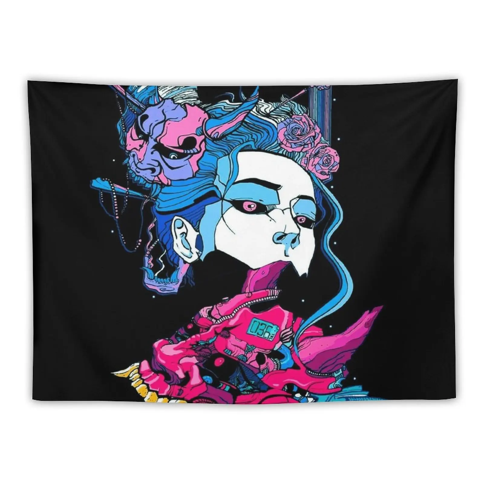 New Cyberpunk Samurai Demon Mask Japanese Girl Tapestry Decoration For Home Room Decoration Aesthetic